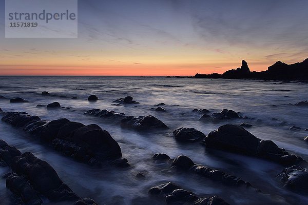 Felsen im Meer  felsige Küste im Abendlicht  Sonnenuntergang  Atlantikküste  Hartland Quay  Devon  Vereinigtes Königreich  Europa