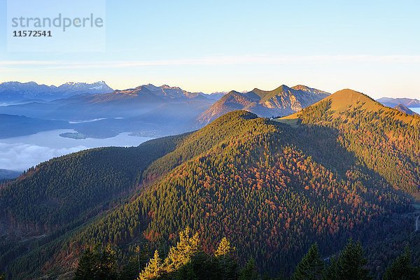 Walchensee  Zugspitze  Estergebirge und Jochberg im Morgenlicht  Blick vom Hirschhörnlkopf  Jachenau  Isarwinkel  Oberbayern  Bayern  Deutschland  Europa