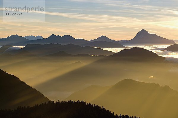 Sonnenaufgang  Blick vom Hirschhörnlkopf über die Wolken  am hinteren Guffert in Tirol  Jachenau  Isarwinkel  Oberbayern  Bayern  Deutschland  Europa