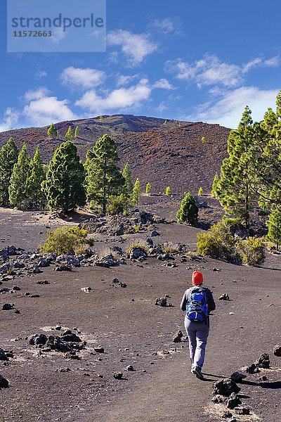 Frau auf Wanderung  Vulkan Montaña Negra oder Garachico  Lavalandschaft bei El Tanque  Teneriffa  Kanarische Inseln  Spanien  Europa