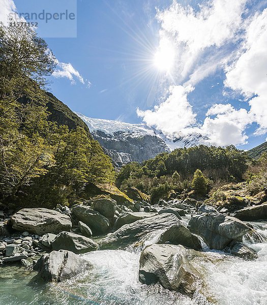 Gletscherfluss  der durch die Berge fließt  Rob Roy Glacier  Mount Aspiring National Park  Otago  Southland  Neuseeland  Ozeanien