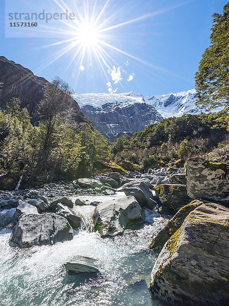 Gletscherfluss  der durch die Berge fließt  Rob Roy Glacier  Mount Aspiring National Park  Otago  Southland  Neuseeland  Ozeanien