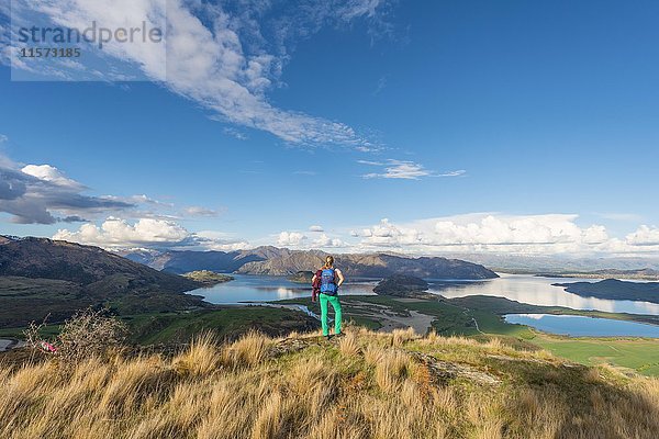 Wanderer mit Blick auf den Lake Wanaka  Rocky Peak  Rocky Peak Park  Otago  Südland  Neuseeland  Ozeanien