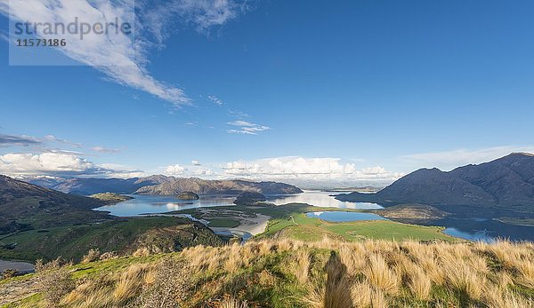 Blick auf den Lake Wanaka und die Berge  Rocky Peak  Glendhu Bay  Otago  Southland  Neuseeland  Ozeanien