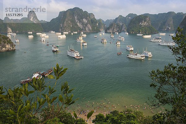 Halong-Bucht mit Booten  Kalksteinfelsen  der Golf von Tonkin  Halong  Nordvietnam  Vietnam  Asien