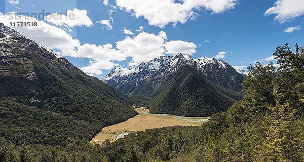 Blick auf die Routeburn Flats  Routeburn Track  hinter Humboldt Mountains  Westland District  Westküste  Southland  Neuseeland  Ozeanien