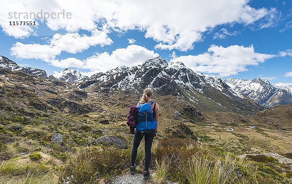 Wanderer auf dem Routeburn Track  Westland District  Mount Xenicus im Hintergrund  Mount Aspiring National Park  Westküste  Southland  Neuseeland  Ozeanien