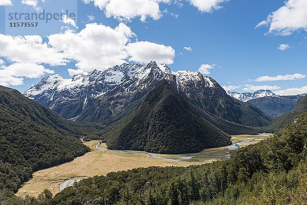 Blick auf die Routeburn Flats  Routeburn Track  hinter Humboldt Mountains  Westland District  Westküste  Southland  Neuseeland  Ozeanien