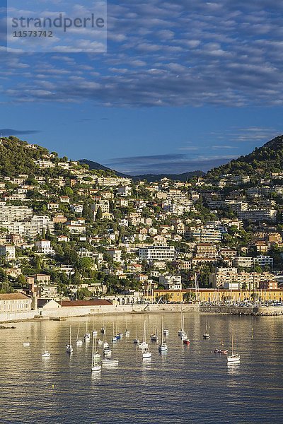 Stadt Skyline auf Hang und Segelboote in Bucht  Villefrance-sur-Mer  Provence  Frankreich  Europa