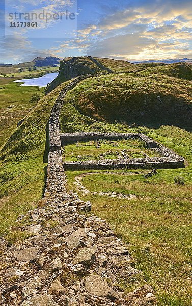 Hadrianswall mit Grundmauern des ehemaligen Wachturms  Haltwhistle  Northumberland  England  Vereinigtes Königreich  Europa