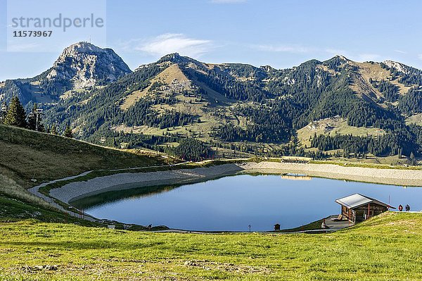 Wasserreservoir für künstlichen Schnee  Teich  Walleralm  Berg Wendelstein hinten  Mangfallgebirge  Alpenvorland  Oberbayern  Bayern  Deutschland  Europa