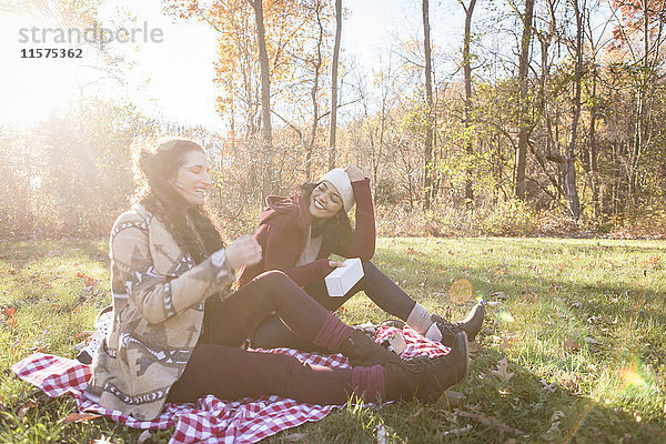 Zwei junge Frauen sitzen lachend auf einer Picknickdecke