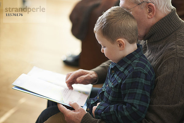 Junge sitzt auf Großvaters Schoß und liest Buch