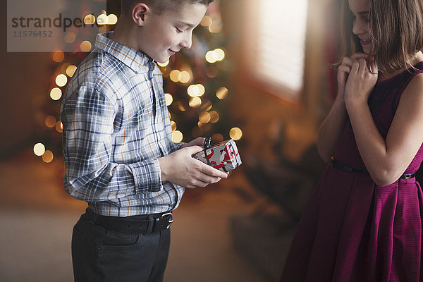 Bruder und Schwester tauschen Weihnachtsgeschenke aus