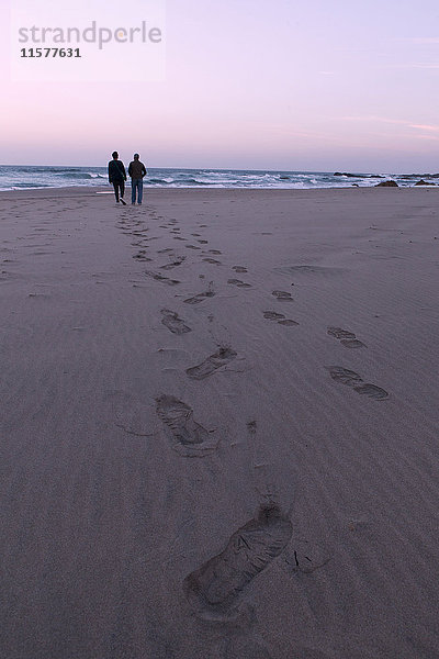 Vater und Sohn gehen am Strand spazieren  Rückansicht  Südafrika