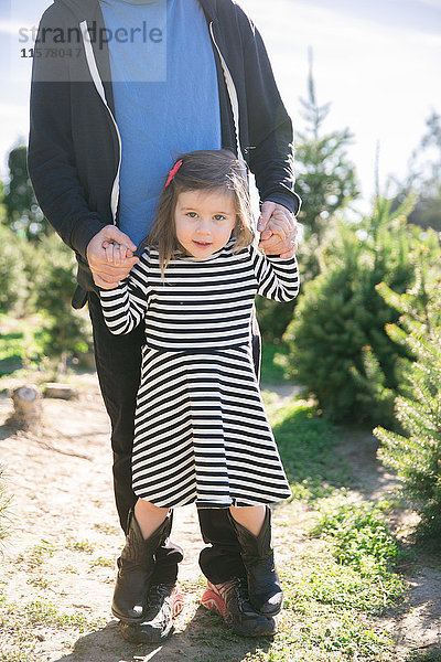 Porträt eines kleinen Mädchens  das die Hände des Vaters hält und an Tannenbäumen auf seinen Füßen steht
