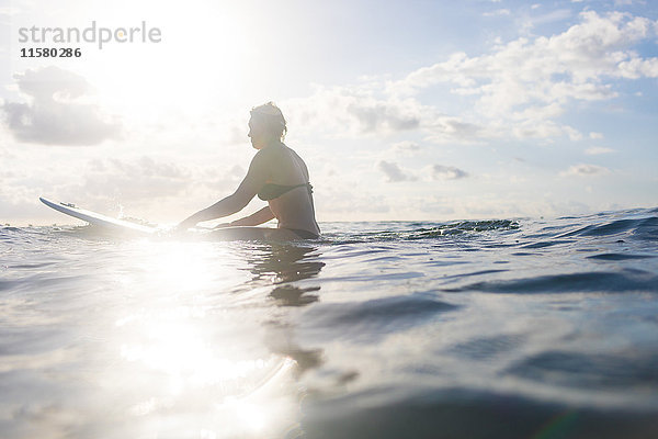 Frau auf einem Surfbrett im sonnenbeschienenen Meer  Nosara  Provinz Guanacaste  Costa Rica