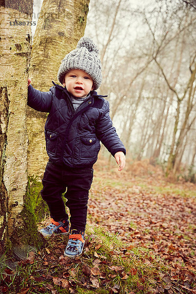 Porträt eines männlichen Kleinkindes mit Strickmütze  das an einen Waldbaum gelehnt ist