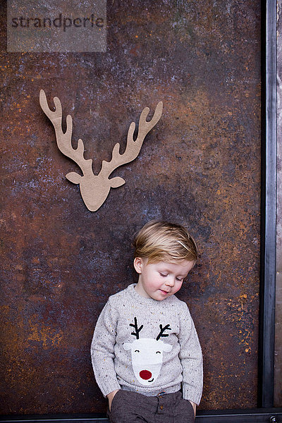 Porträt eines kleinen Jungen  Papprentier an der Wand hinter ihm ausgeschnitten