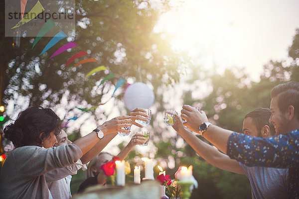 Multi-ethnische Freunde toasten Getränke auf der Gartenparty