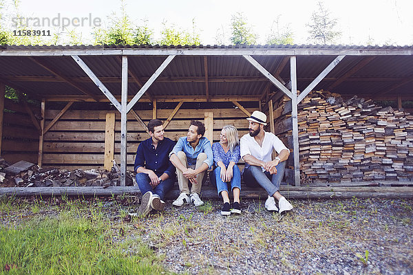 Volle Länge der Freunde sitzend gegen den Holzstapel