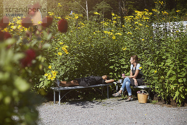 Blumengeschäfte auf Bänken durch Pflanzen