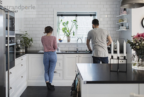 Rückansicht des Paares  das zu Hause in der Küche arbeitet