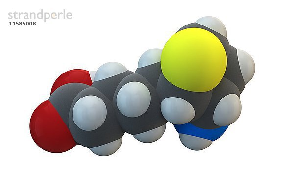 Vitamin B7. Molekulares Modell von Biotin  auch bekannt als Vitamin B7  Vitamin H und Coenzym R. Dieses Vitamin ist für das Zellwachstum  die Produktion von Fettsäuren und den Stoffwechsel von Fetten und Aminosäuren erforderlich. Die chemische Formel lautet C10H16N2O3S. Die Atome sind als Kugeln dargestellt: Kohlenstoff (grau)  Wasserstoff (weiß)  Stickstoff (blau)  Sauerstoff (rot)  Schwefel (gelb). Illustration.