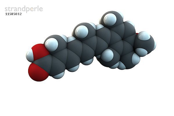 Acitretin Psoriasis Medikament Molekül. Die chemische Formel lautet C21H26O3. Die Atome sind als Kugeln dargestellt: Kohlenstoff (grau)  Wasserstoff (weiß)  Sauerstoff (rot). Illustration.