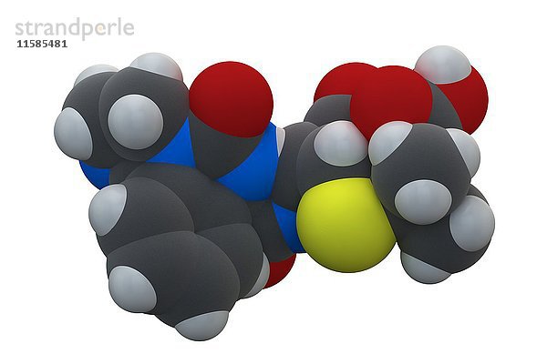 Azlocillin Antibiotikum Medikamentenmolekül. Die chemische Formel lautet C20H23N5O6S. Die Atome sind als Kugeln dargestellt: Kohlenstoff (grau)  Wasserstoff (weiß)  Stickstoff (blau)  Sauerstoff (rot)  Schwefel (gelb). Illustration.