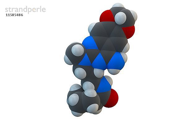 Alfuzosin benigne Prostatahyperplasie (BPH) Medikamentenmolekül. Die chemische Formel lautet C19H27N5O4. Die Atome sind als Kugeln dargestellt: Kohlenstoff (grau)  Wasserstoff (weiß)  Stickstoff (blau)  Sauerstoff (rot). Illustration.