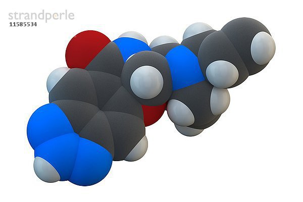 Alizaprid antiemetisches Arzneimittelmolekül. Wird zur Behandlung von Übelkeit und Erbrechen eingesetzt. Die chemische Formel lautet C16H21N5O2. Die Atome sind als Kugeln dargestellt: Kohlenstoff (grau)  Wasserstoff (weiß)  Stickstoff (blau)  Sauerstoff (rot). Illustration.