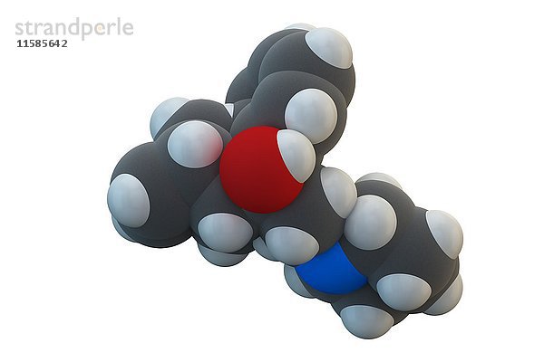 Biperiden Medikamentenmolekül für die Parkinsonsche Krankheit. Die chemische Formel lautet C21H29NO. Die Atome sind als Kugeln dargestellt: Kohlenstoff (grau)  Wasserstoff (weiß)  Stickstoff (blau)  Sauerstoff (rot). Illustration.