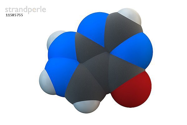 Allopurinol Gicht Medikament Molekül. Die chemische Formel lautet C5H4N4O. Die Atome sind als Kugeln dargestellt: Kohlenstoff (grau)  Wasserstoff (weiß)  Stickstoff (blau)  Sauerstoff (rot). Illustration.