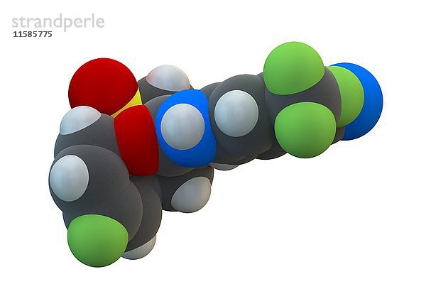 Bicalutamid Prostatakrebsmedikament (Antiandrogen) Molekül. Chemische Formel C18H14F4N2O4S. Die Atome sind als Kugeln dargestellt: Kohlenstoff (grau)  Wasserstoff (weiß)  Stickstoff (blau)  Sauerstoff (rot)  Fluor (gelb). Illustration.