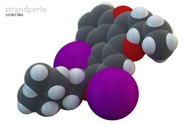 Molekül des Antiarrhythmikums Amiodaron. Die chemische Formel lautet C25H29I2NO3. Die Atome sind als Kugeln dargestellt: Kohlenstoff (grau)  Wasserstoff (weiß)  Stickstoff (blau)  Sauerstoff (rot). Illustration.