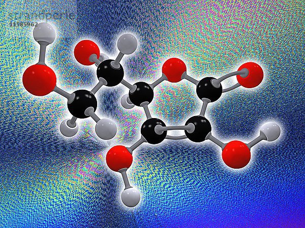 Vitamin C. Molekulares Modell der Ascorbinsäure (C6.H8.O6)  auch bekannt als Vitamin C. Dieses Vitamin ist erforderlich  um den Körper vor oxidativem Stress zu schützen. Die Atome sind als Kugeln dargestellt und farblich kodiert: Kohlenstoff (schwarz)  Wasserstoff (grau) und Sauerstoff (rot). Im Hintergrund eine mikroskopische Aufnahme von kristallisiertem Vitamin C  aufgenommen mit polarisiertem Licht.