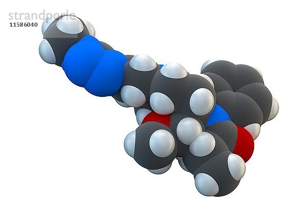 Alfentanil  molekulares Modell. Synthetisches Opioid-Analgetikum  das zur Anästhesie in der Chirurgie verwendet wird. Die chemische Formel lautet C21H32N6O3. Die Atome sind als Kugeln dargestellt: Kohlenstoff (grau)  Wasserstoff (weiß)  Stickstoff (blau)  Sauerstoff (rot). Illustration.