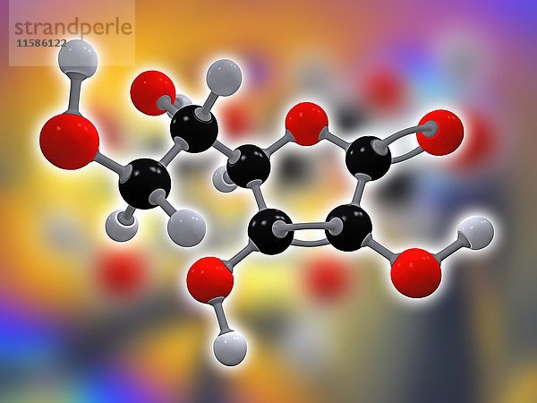 Vitamin C. Molekulares Modell der Ascorbinsäure (C6.H8.O6)  auch bekannt als Vitamin C. Dieses Vitamin ist erforderlich  um den Körper vor oxidativem Stress zu schützen. Die Atome sind als Kugeln dargestellt und farblich codiert: Kohlenstoff (schwarz)  Wasserstoff (grau) und Sauerstoff (rot)