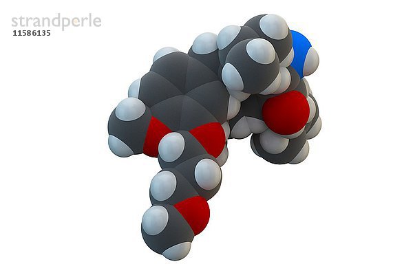 Aliskiren Hypertonie (Bluthochdruck) Medikament (Renin-Hemmer-Klasse). Die chemische Formel lautet C30H53N3O6. Die Atome sind als Kugeln dargestellt: Kohlenstoff (grau)  Wasserstoff (weiß)  Stickstoff (blau)  Sauerstoff (rot). Illustration.