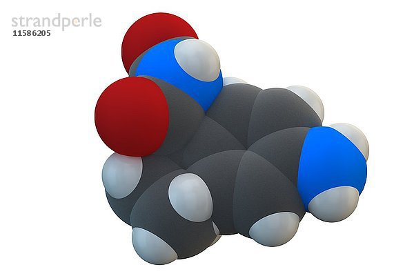 Aminoglutethimid Anti-Steroid-Drogenmolekül. Wird zur Behandlung des Cushing-Syndroms und von Brustkrebs  aber auch von Bodybuildern verwendet. Die chemische Formel lautet C13H16N2O2. Die Atome sind als Kugeln dargestellt: Kohlenstoff (grau)  Wasserstoff (weiß)  Stickstoff (blau)  Sauerstoff (rot). Illustration.