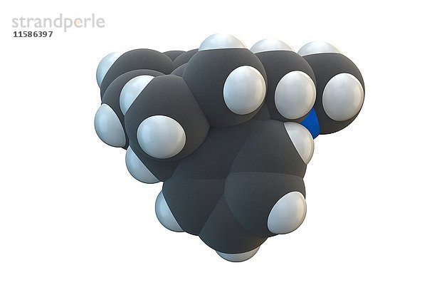 Benzoctamin-Drogenmolekül. Es hat beruhigende und angstlösende Eigenschaften. Die chemische Formel lautet C18H19N. Die Atome sind als Kugeln dargestellt: Kohlenstoff (grau)  Wasserstoff (weiß)  Stickstoff (blau). Illustration.