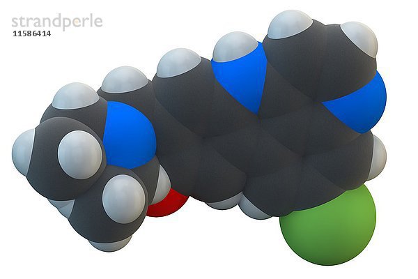 Molekül des Malariamittels Amodiaquin. Die chemische Formel lautet C20H22ClN3O. Die Atome sind als Kugeln dargestellt: Kohlenstoff (grau)  Wasserstoff (weiß)  Chlor (grün)  Stickstoff (blau)  Sauerstoff (rot). Illustration.