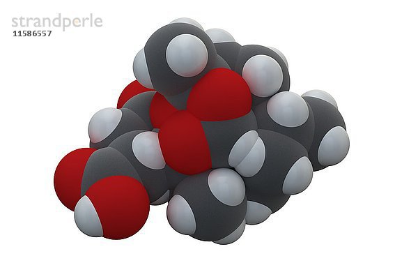 Molekül des Malariamittels Artesunat. Die chemische Formel lautet C19H28O8. Die Atome sind als Kugeln dargestellt: Kohlenstoff (grau)  Wasserstoff (weiß)  Sauerstoff (rot). Illustration.