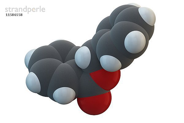 Benzylbenzoat-Drogenmolekül. Wird als Akarizid und Krätzebekämpfungsmittel verwendet. Die chemische Formel lautet C14H12O2. Die Atome sind als Kugeln dargestellt: Kohlenstoff (grau)  Wasserstoff (weiß)  Sauerstoff (rot). Illustration.