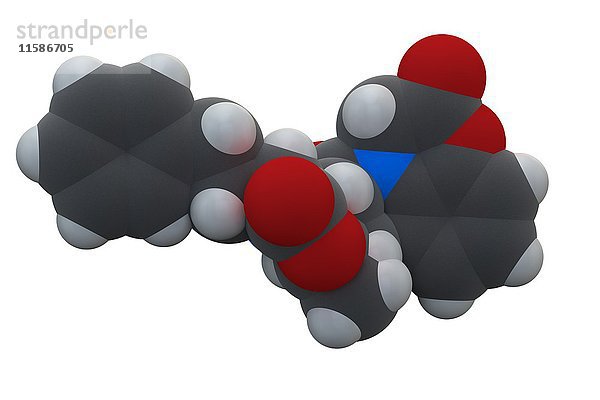 Benazepril  molekulares Modell. Dieses Medikament gegen Bluthochdruck wird als Lotensin vermarktet. Die chemische Formel lautet C24H28N2O5. Die Atome sind als Kugeln dargestellt: Kohlenstoff (grau)  Wasserstoff (weiß)  Stickstoff (blau)  Sauerstoff (rot). Illustration.