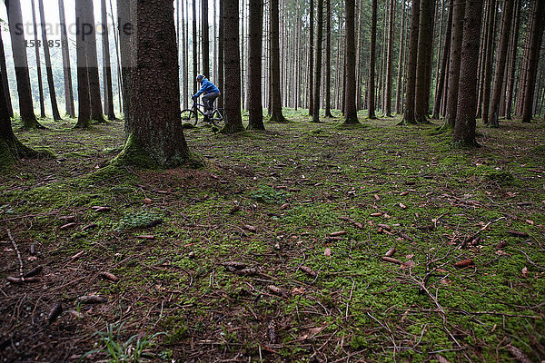 Mann mit Mountainbike im Wald