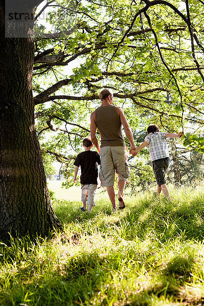 Vater und Söhne beim Waldspaziergang