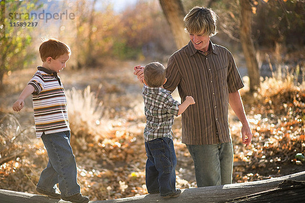 Vater spielt mit jungen Söhnen auf einem Baumstamm