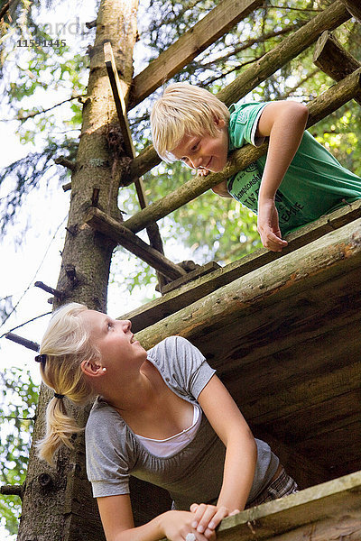 Junge und Mädchen klettern auf Baumhaus